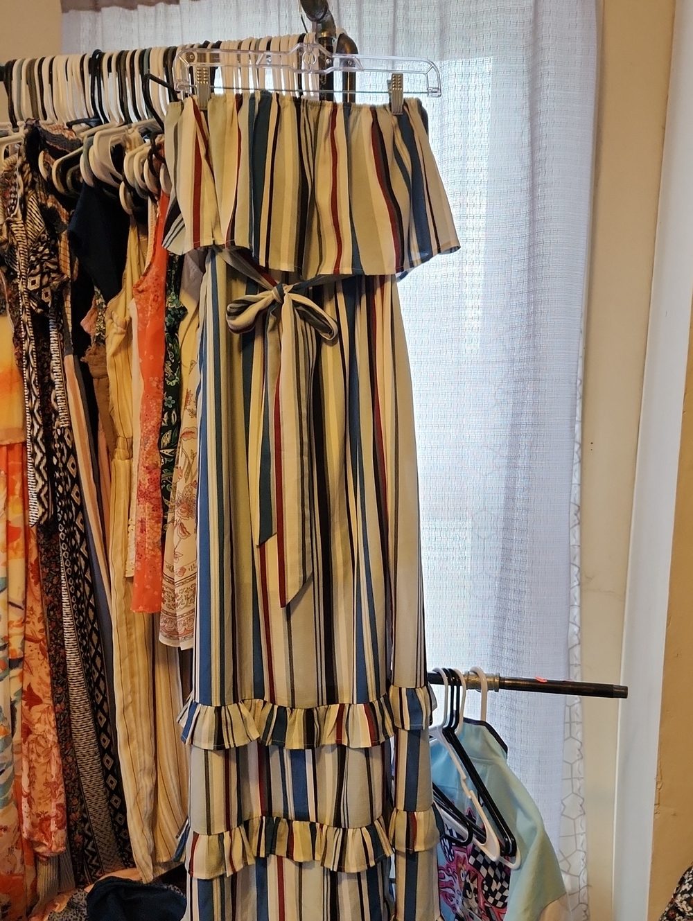 Listicle Blue, White & Red Striped Off-Shoulder Ruffle Maxi Dress